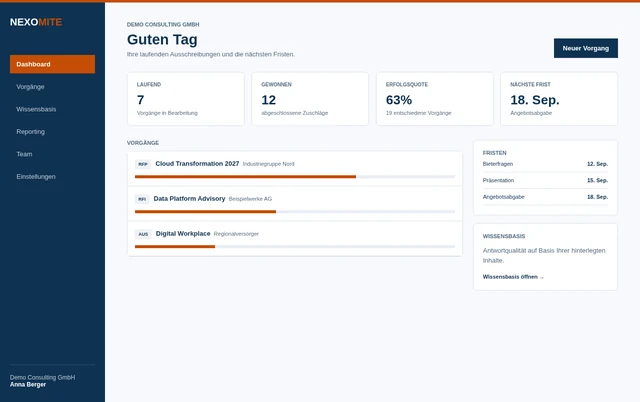 nexo.RfP dashboard showing active RFPs, RFIs, RFQs, DDQs and security questionnaires