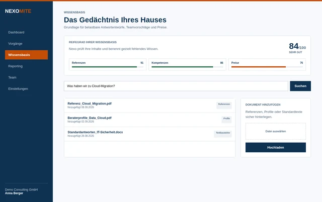 nexo.RfP knowledge base with search, documents and maturity score