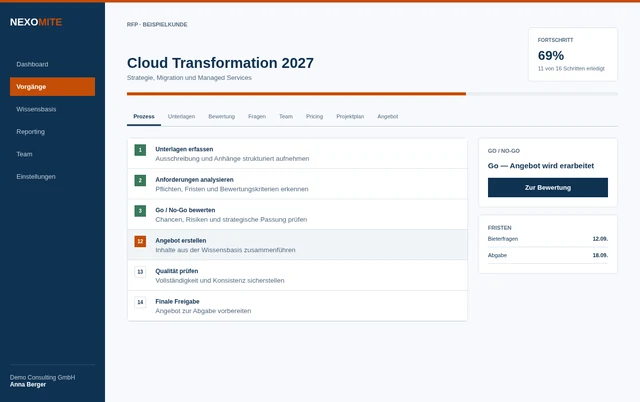nexo.RfP opportunity view showing progress and a structured RFP process